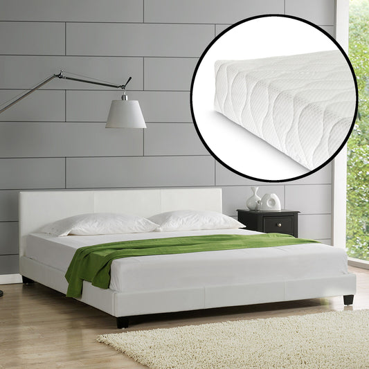 Letto Imbottito Design + Materasso 140 x 200 cm Similpelle Bianco Doppio