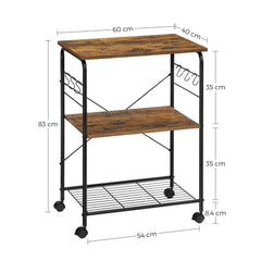 Scaffale da Cucina per Microonde a 3 Livelli con Rotelle 6 Ganci