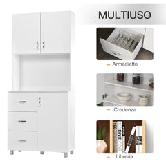 Credenza in Legno Bianco con 2 Armadietti 1 Ripiano Aperto e 3 Cassetti