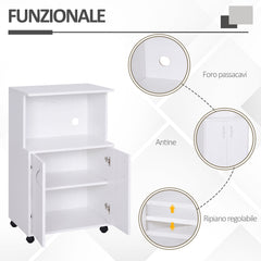 Mobiletto Cucina per Microonde con Armadietto e Ruote in Legno Bianco