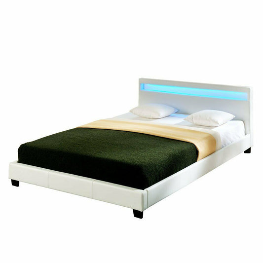 Design LED Letto Matrimoniale Imbottito 140x200cm Telaio Bianco Struttura