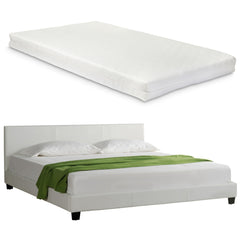 Letto Imbottito Design + Materasso 140 x 200 cm Similpelle Bianco Doppio